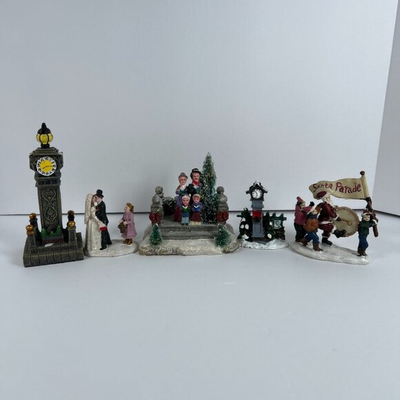 Lot Of 5 Christmas Village Figures Carolers Clock Tower Santa Parade Wedding - Picture 1 of 13